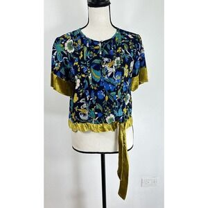 Anthropologie Floral Velvet Trim Bow Top Size XSmall
